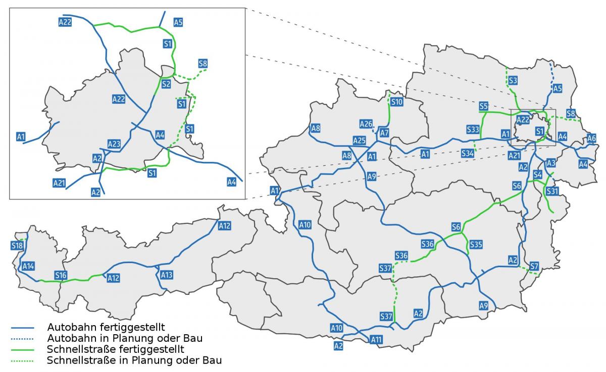 Mapa autostrad w Austrii